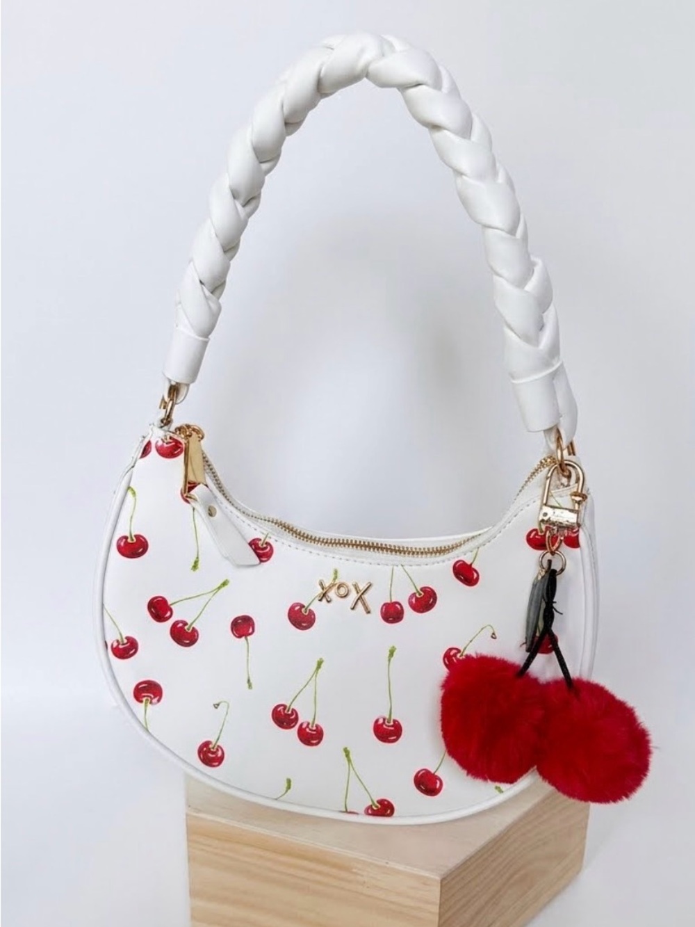 Betsey Johnson White Cherry Crescent Shoulder Bag EUC W/ Fluffy Keychain